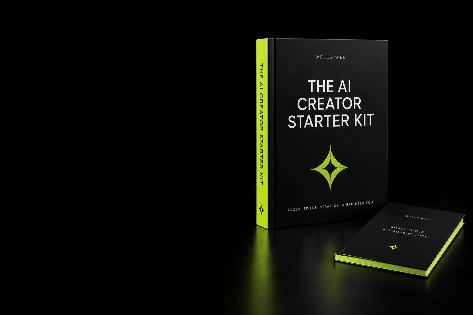 Black and neon-lime AI Creator Starter Kit cover mockup; the product is a digital PDF